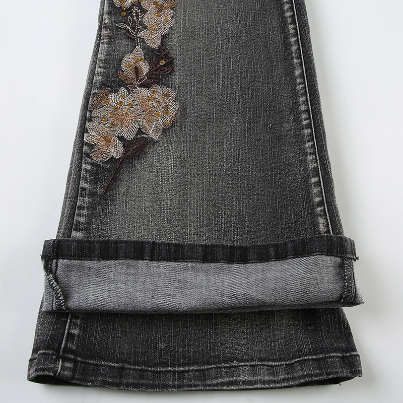 Bead embroidery floral design for vintage washed micro flared jeans