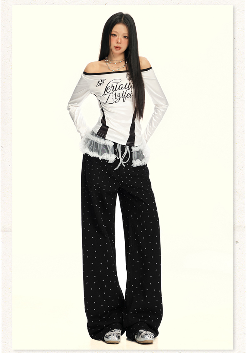 Women's Black and White Polka Dot Slimming Loose Straight Jeans High Waist Wide Leg Pants