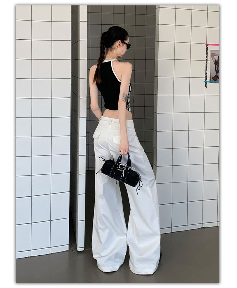 White Wide-Leg Casual Pants Light Weight High Waist Long Length Trousers for Tall Women