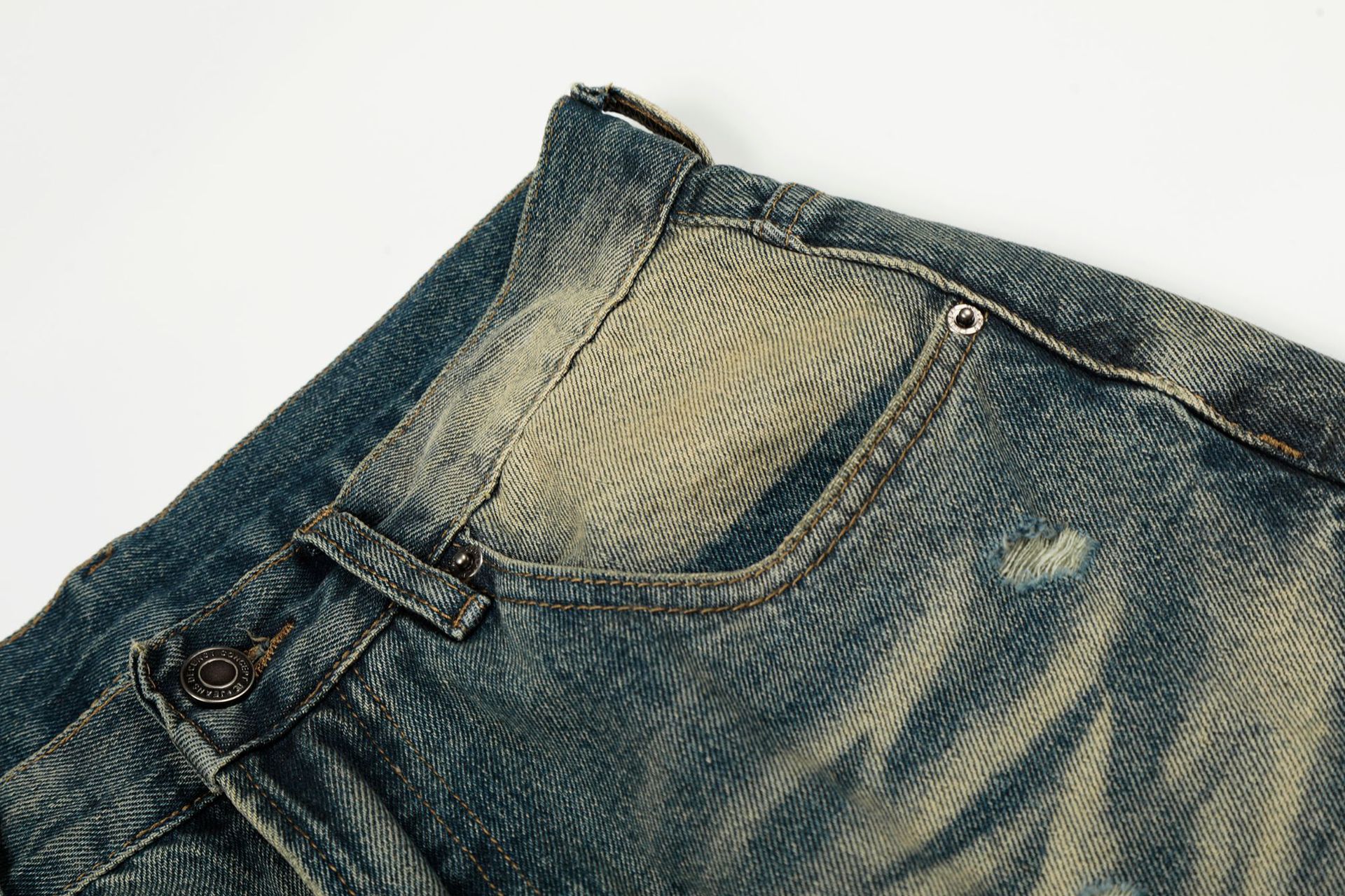 Style Trendy Unisex Street Retro Vintage Blue Cat Whisker Pattern Distressed Design Loose Fit Men's Jeans