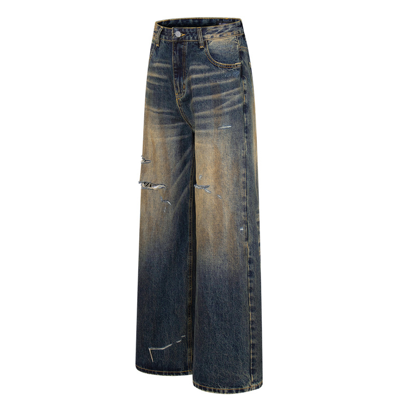 Vintage Washed Ripped Street Style Dagger Cut Denim Pants, Unisex Loose Clean Fit Wide Leg Floor-Length Trousers
