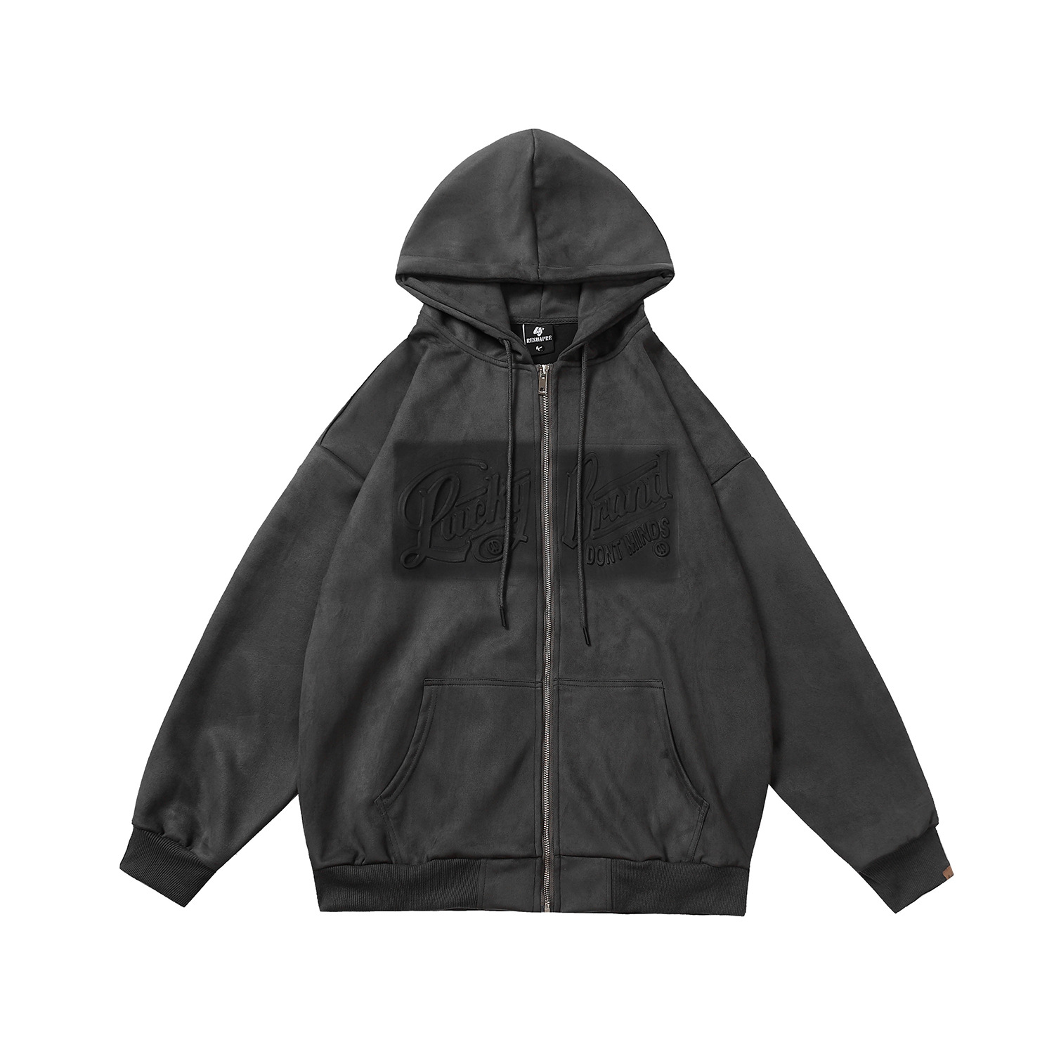 Alphabet embossed zipper jacket deerskin velvet hooded sweatshirt