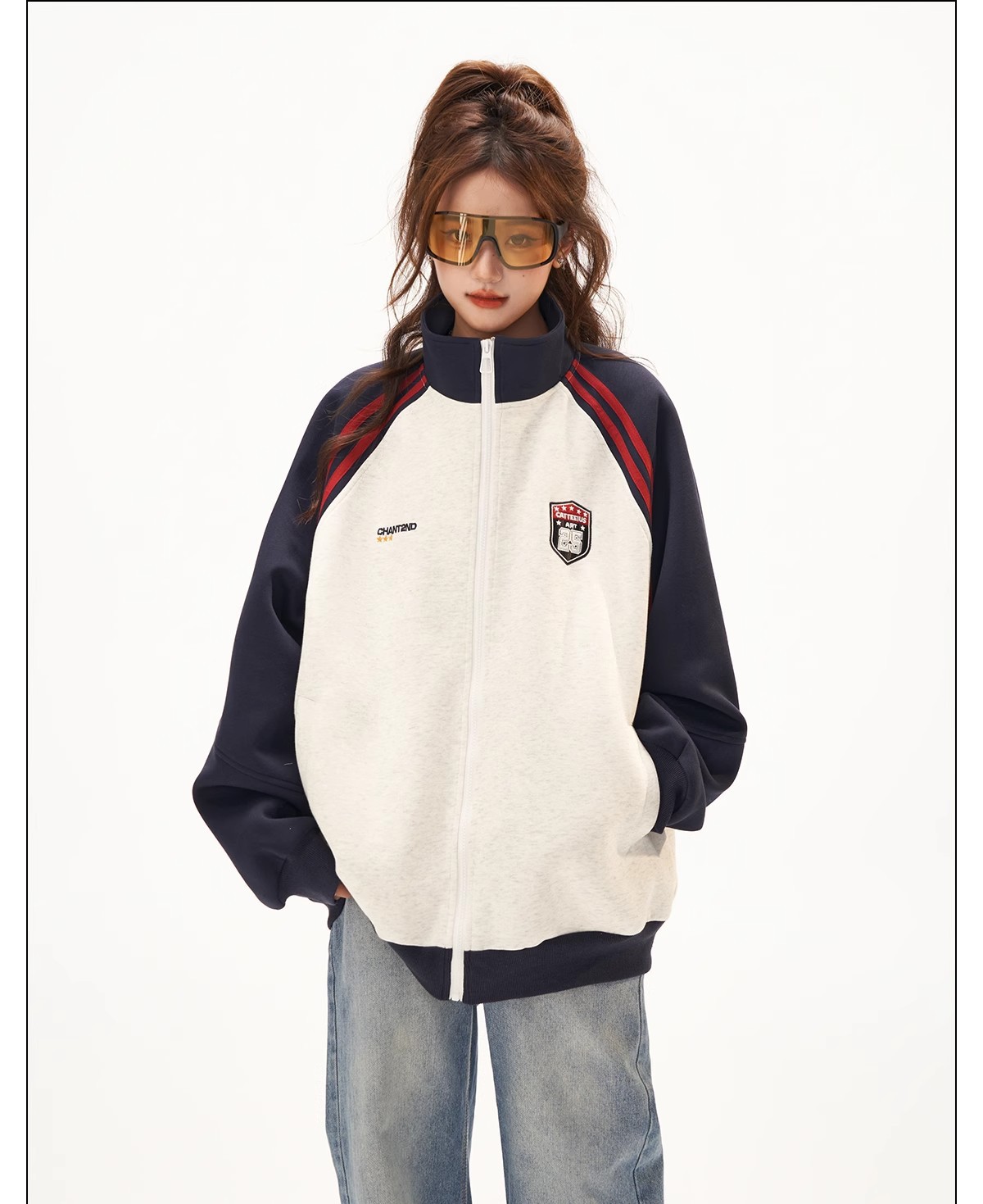 Retro Jacket for Women, High-End Patchwork Raglan Sleeve Hoodie Cardigan, Versatile Stand-Up Collar Top