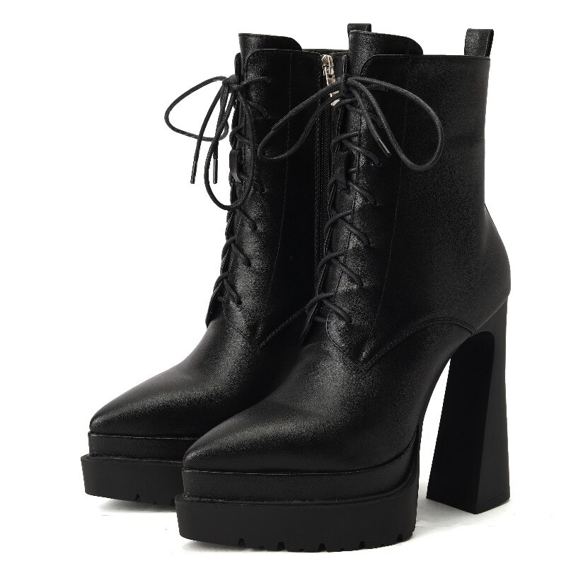 Autumn Winter Women Ankle Boots Elegant Office Ladies Party High Heels Pointed Toe Platforms Genuine Leather Shoes