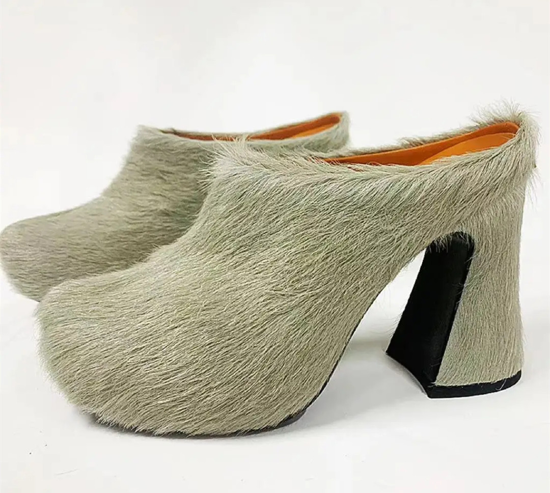 Round headed candy colored genuine leather horse hair with raised height inside casual lazy half slippers for women