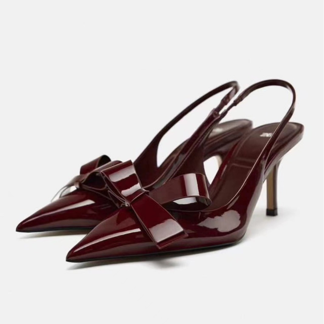 French pointed toe bow high heels burgundy shallow back strap stiletto elegant sandals