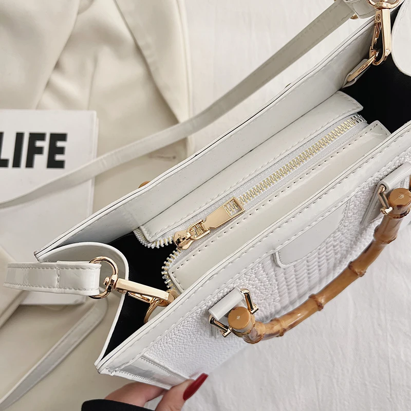 High Quality Leather Shoulder Bag For Women Luxury Alligator Handbag Designer Women Bag Retro Bamboo Handle Tote Bag Female