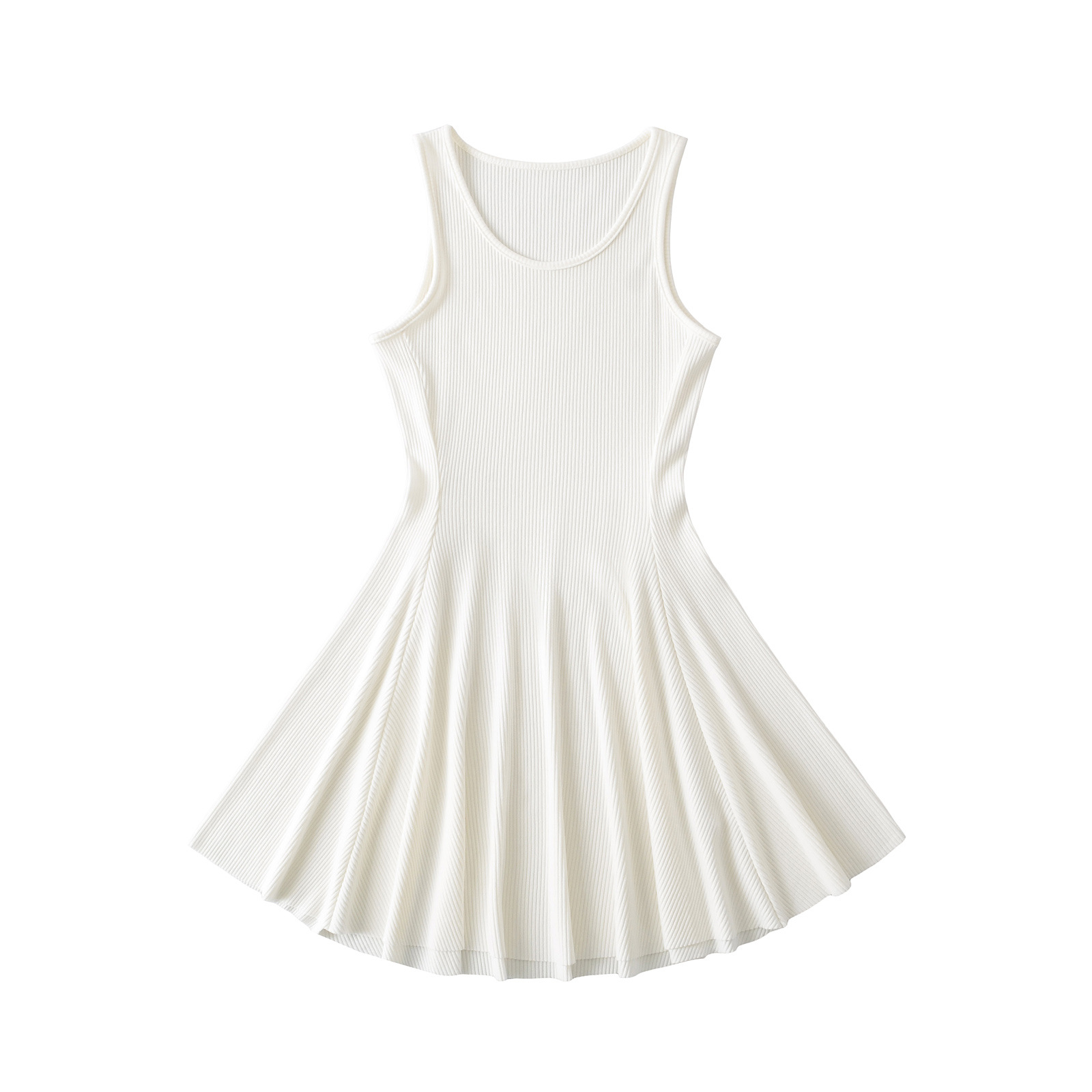 Round Neck Solid Waistline Flared A-Line Dress Short Skirt