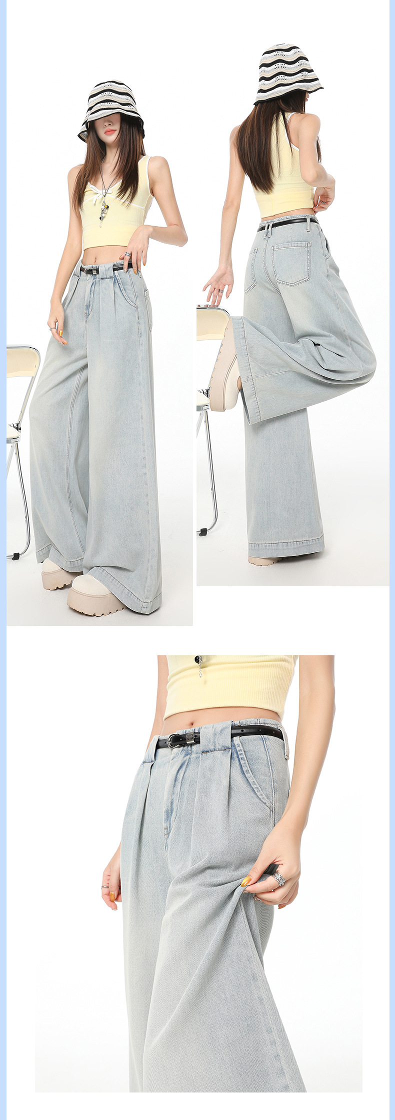 Retro Blue Pleated Tencel Wide-Leg Jeans Women High-Waist Loose Slim Straight Pants