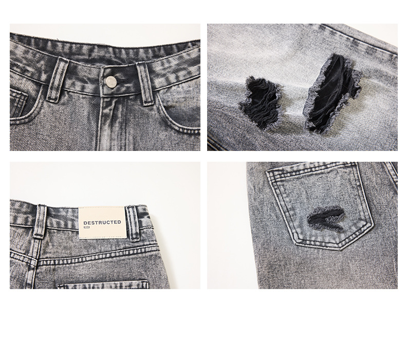 Black Gray Hole Seven-Point Denim Pants Women Vintage Wide-Leg Straight Leg Pants High Street Trendy