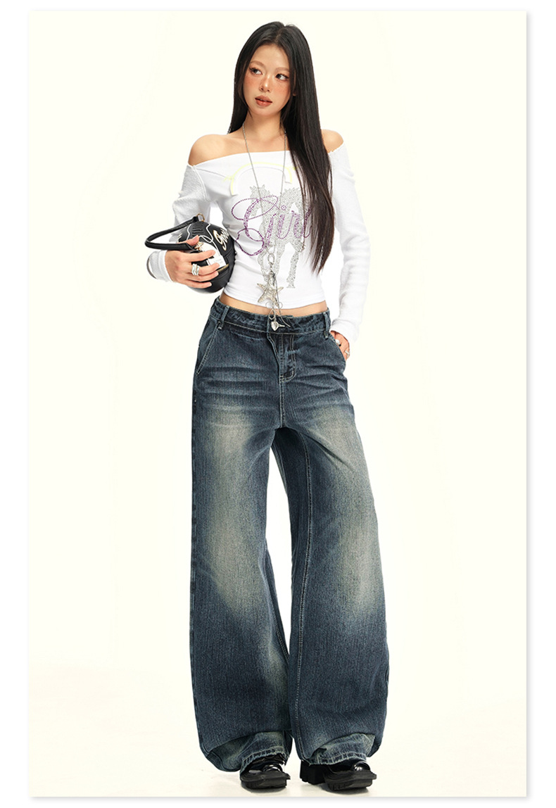 Women's Washed Straight Jeans Loose Floor-Length Wide-Leg Pants
