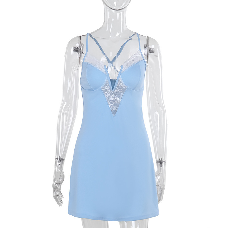 Sleeveless Short Plunging Polyester Dress
