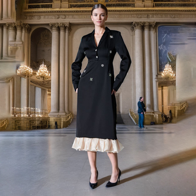 Slimming Notch Collar Crystal-Embellished Sheer Panel Maxi Dress