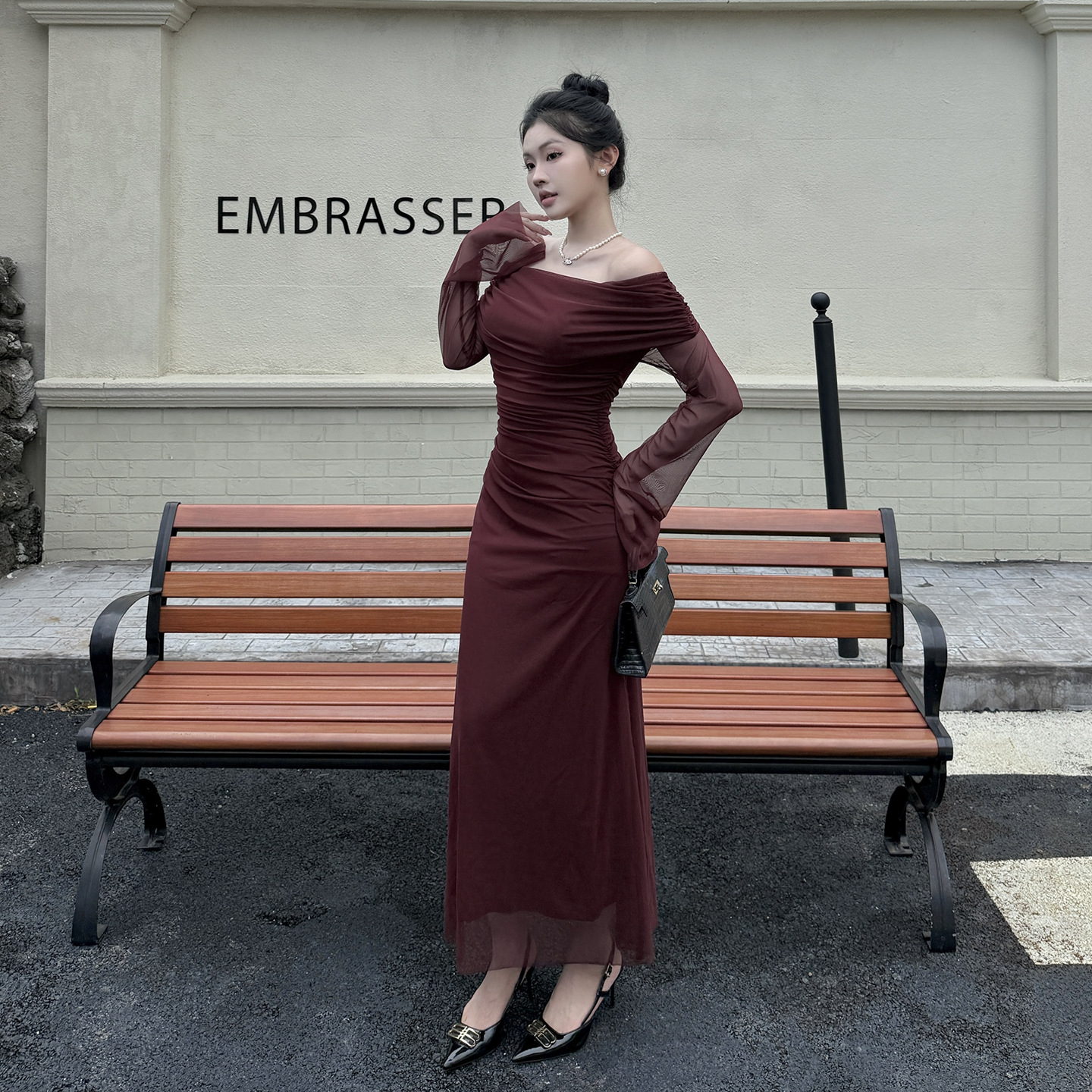 Asymmetric Neckline Three Quarter Sleeve Spandex Pencil Dress