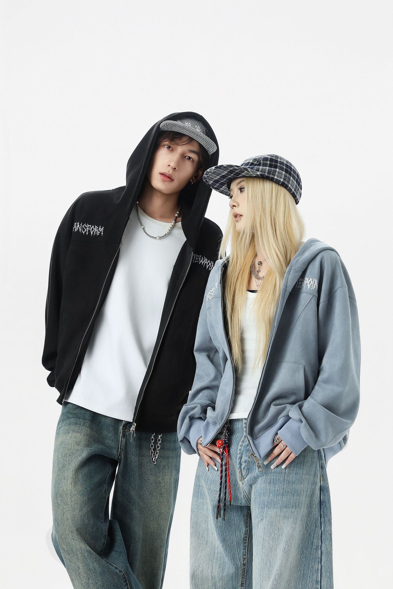 Retro Color-Block Letter Print Hooded Zip-Up Sweater