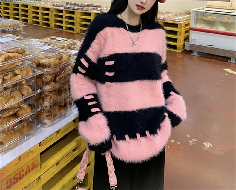 Ladies Fall Two-Tone Oversized Stretch Acrylic Sweater