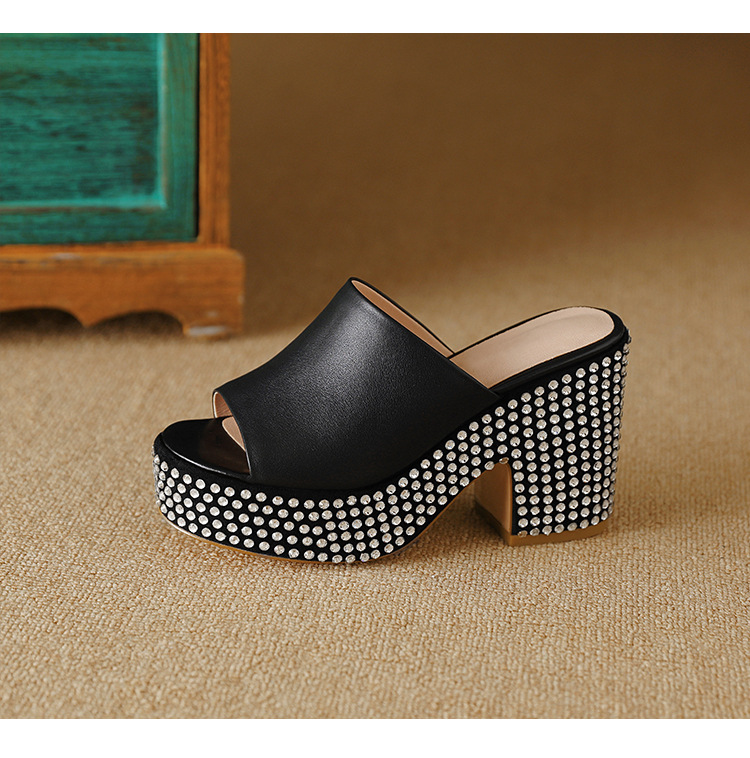 Summer New Waterproof Platform Thick Sole High Heels Shoes Thick Heels Fish Mouth Fashion Shoe Toe Layer Cowhide Water