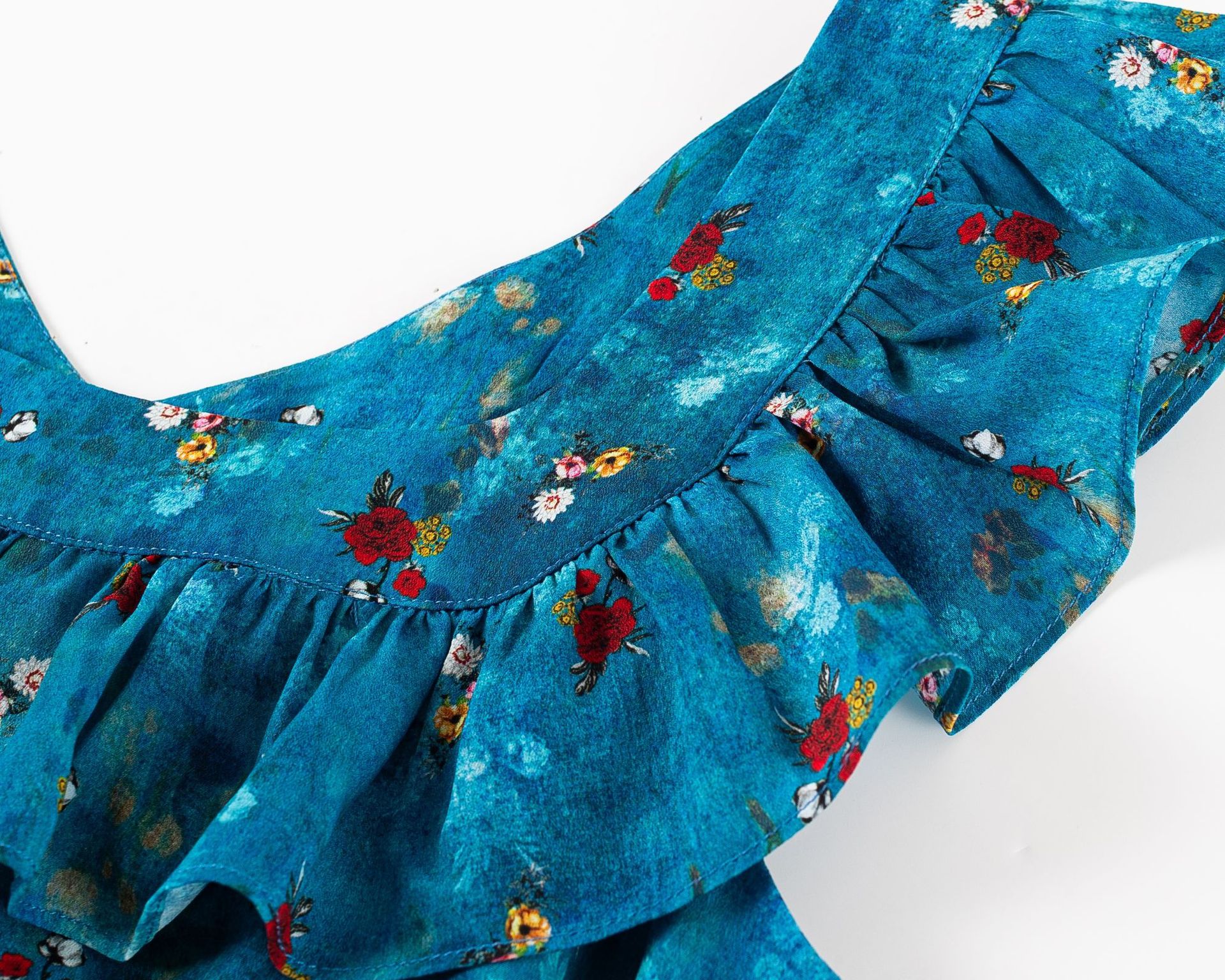 Ruffled Hem Blue Base Floral Print Waist-Cinched Dress