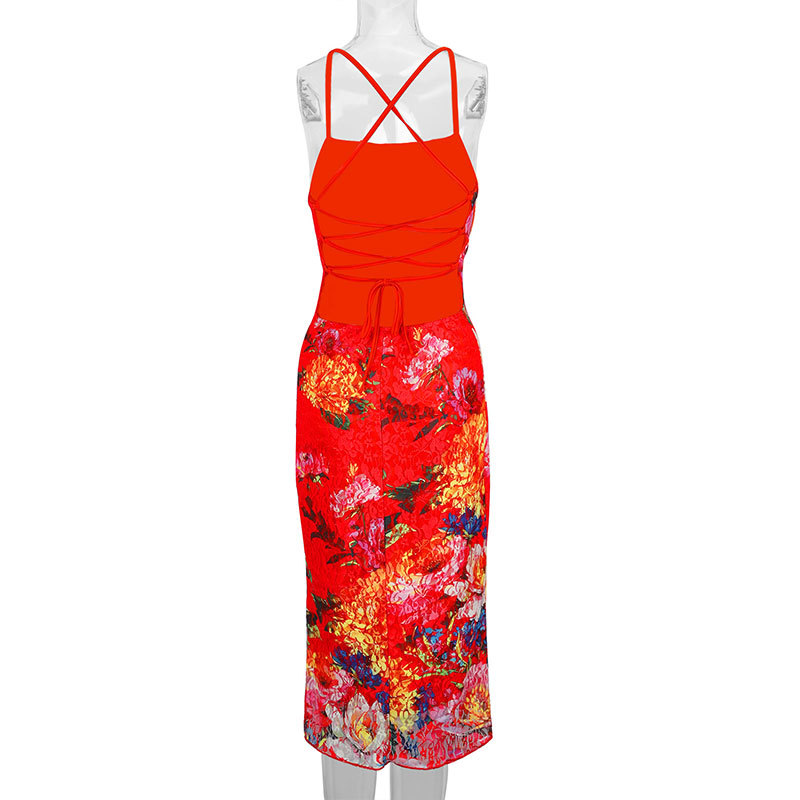 Draped Strap-Free Open Back Flower Pattern Bodycon Dress