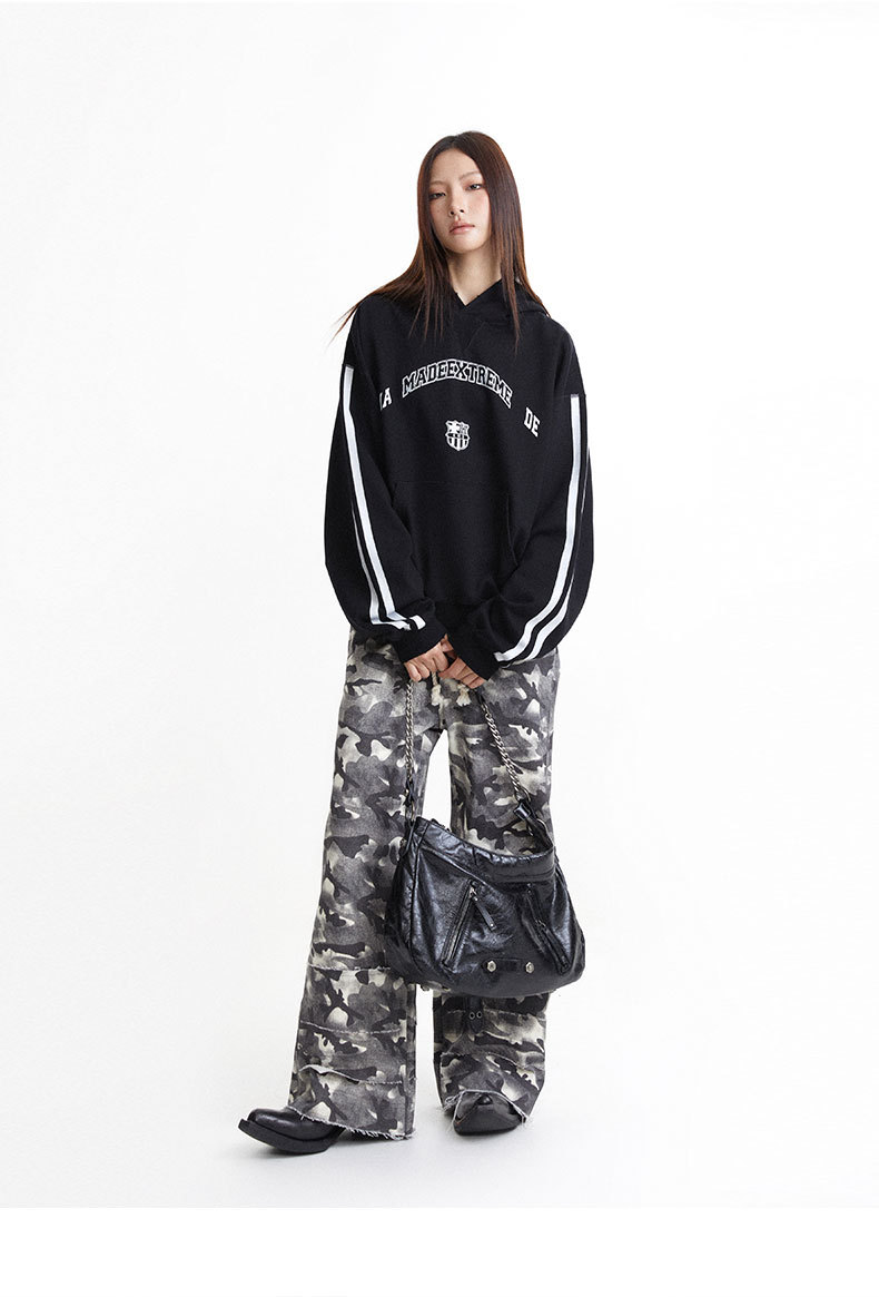 Vintage Letter Print Loose Fit Casual Hooded Sweatshirt