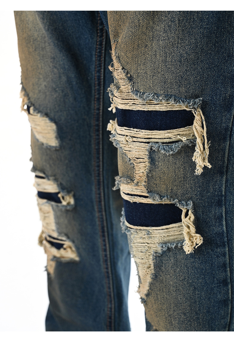 Washed Distressed Cat Whiskers Spray Monkey Dark Blue Denim Pants Unisex