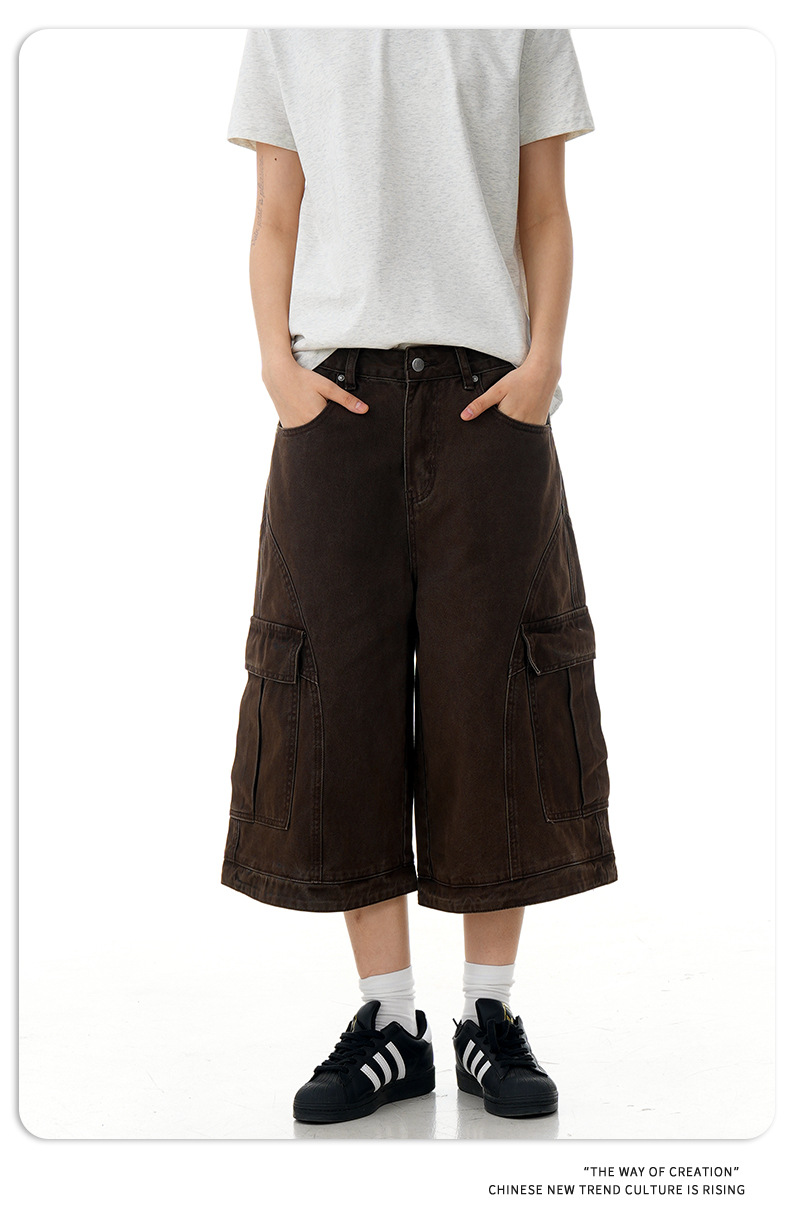 Retro Deconstructed Multi-Pocket Pants Straight Loose Unisex Wide-Leg Cargo Shorts