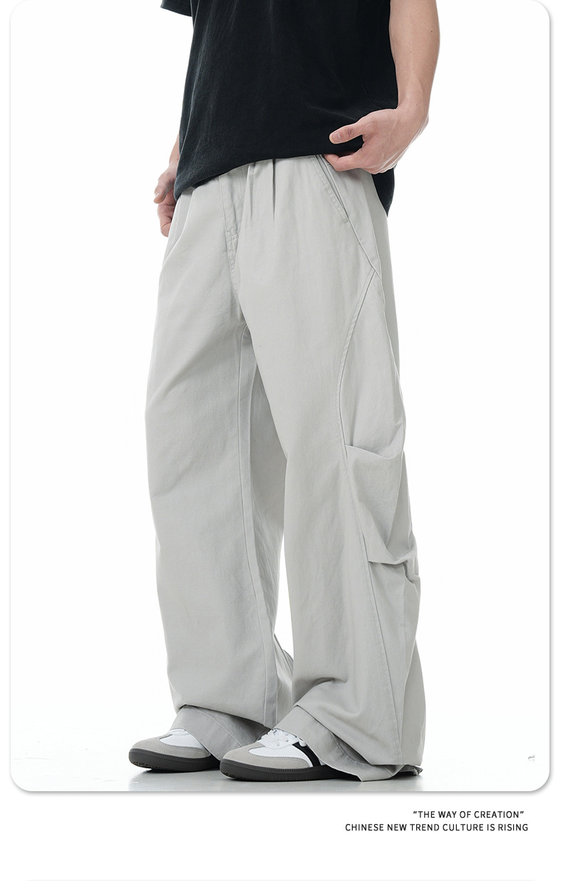 Work Pants Men Simple Cuff Zipper Design Loose Wide Leg Slim Fit Versatile Long Trousers Trendy