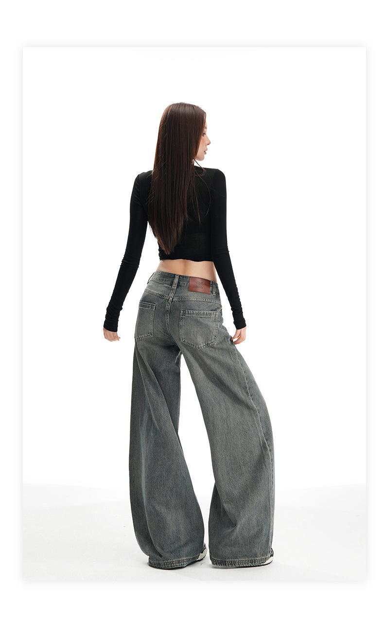 Women's Wide-Leg Pants Loose Fit High-Waist Trousers Slimming Multi-Purpose Denim Pants with Vintage Color Washed Effect