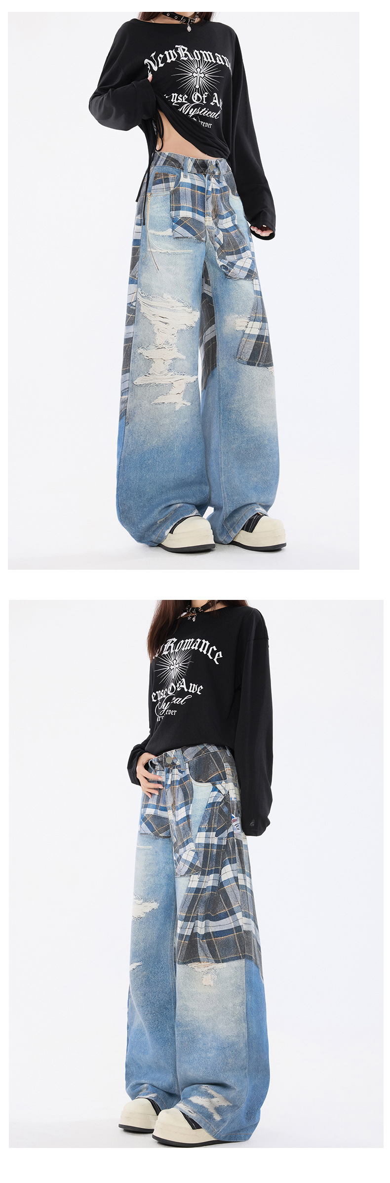 Women's Shirt Belted Printed Denim Pants Straight Leg Trousers Trendy