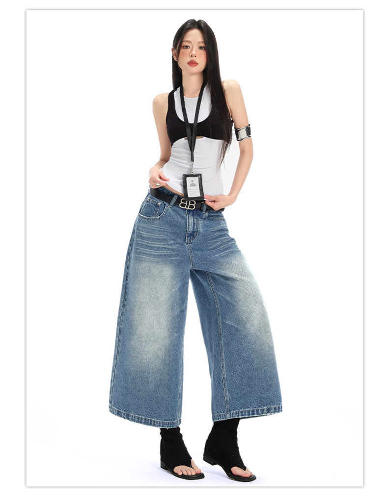 Denim Cropped Pants for Women High Street Relaxed Fit Straight Leg Wide-Leg Mid-Length Pants
