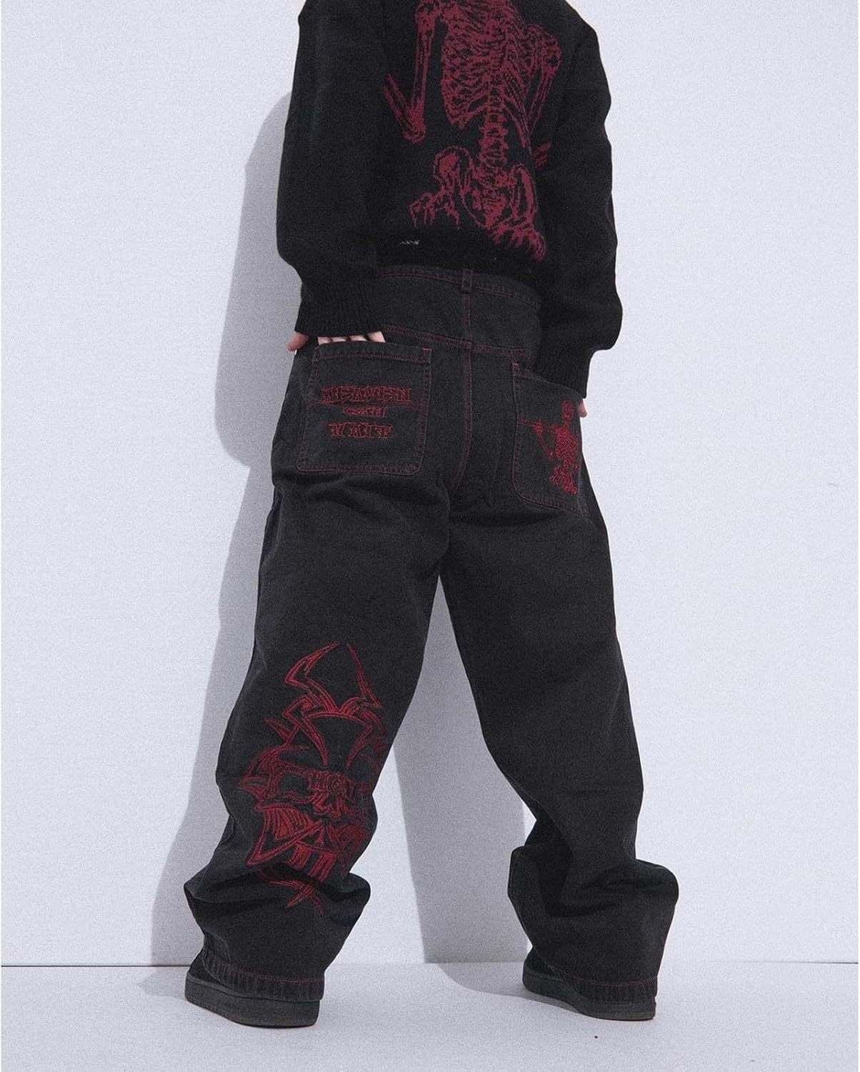 Retro hip-hop goth straight leg loose wide leg skeleton embroidered washed denim jeans for men