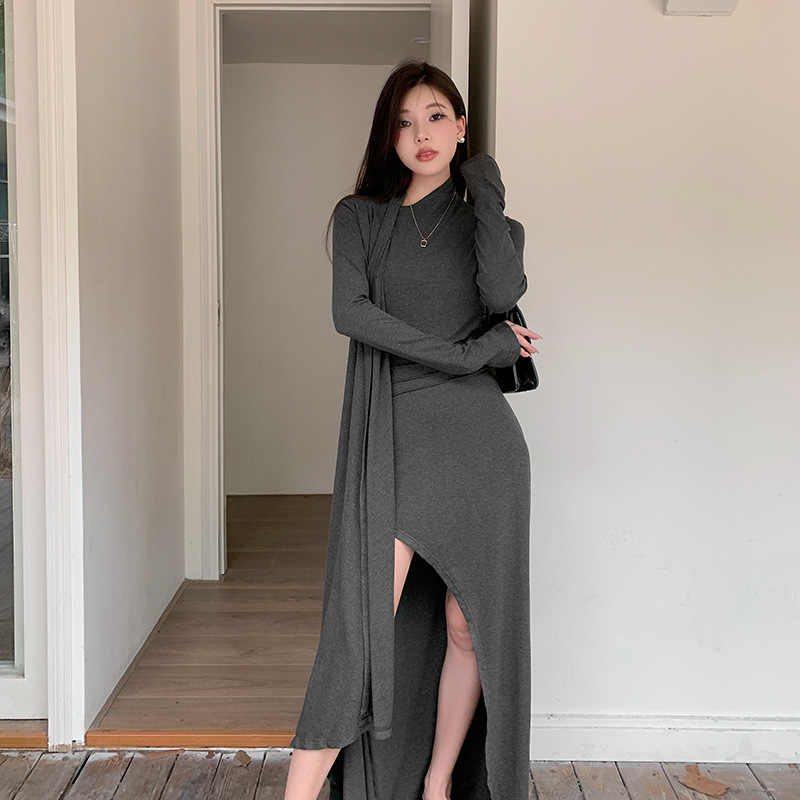 Mock Neck Full Sleeve Slit Fitted Dress