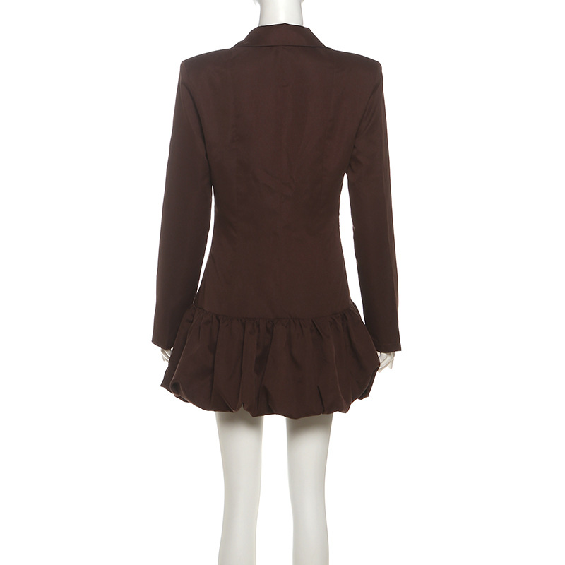 Plunging Neckline Full-Sleeve Tailored High-Waisted Bodycon Polyester Dress