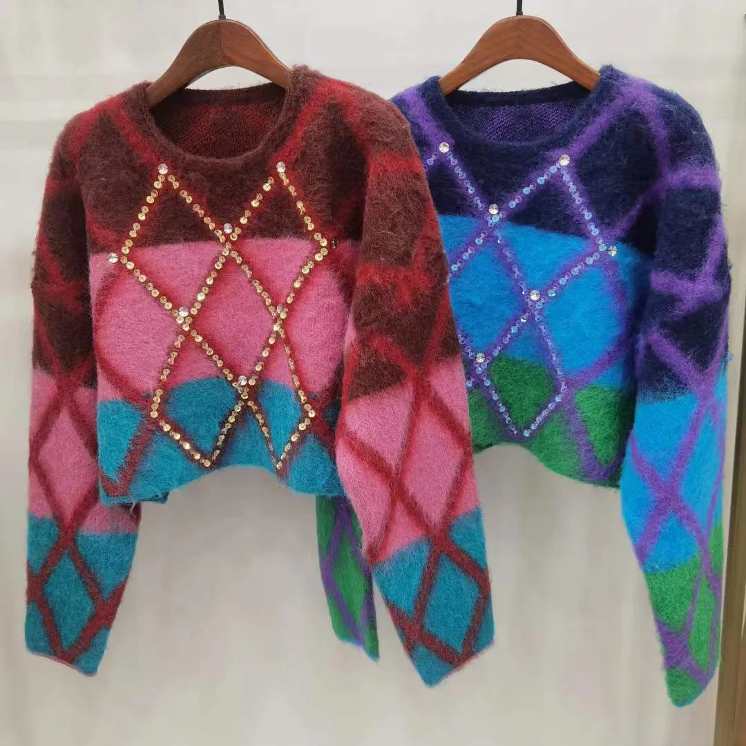 Two-Tone Beaded Cotton Oversized Cropped Sweater