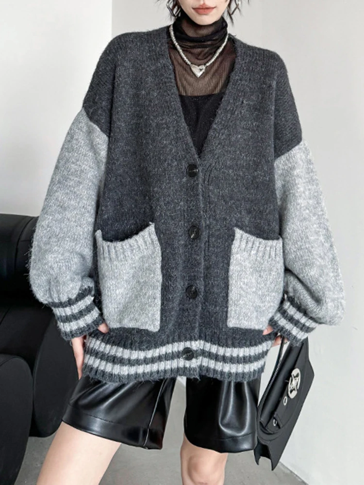 Two-Tone Oversized Deep V Cardigan