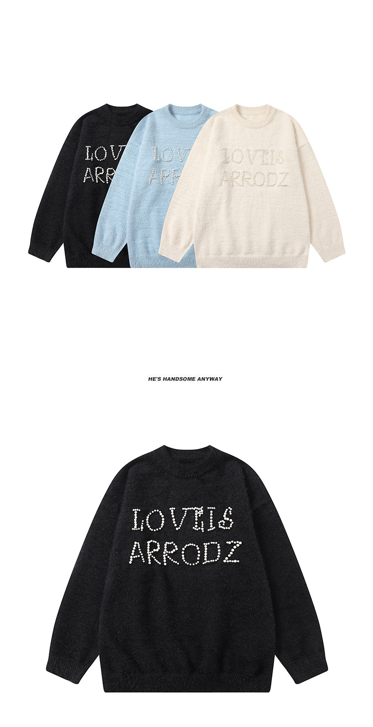 Pearl letter sweater imitation mink fur knitted sweater