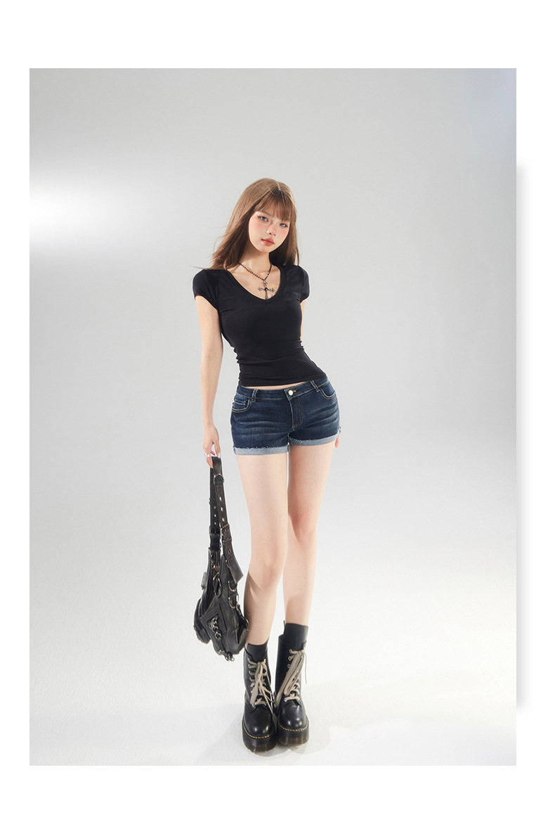 Dark Blue Cuffed Denim Shorts for Women Elastic High Waist Washed Versatile Spicy Girl Sexy Hot Pants