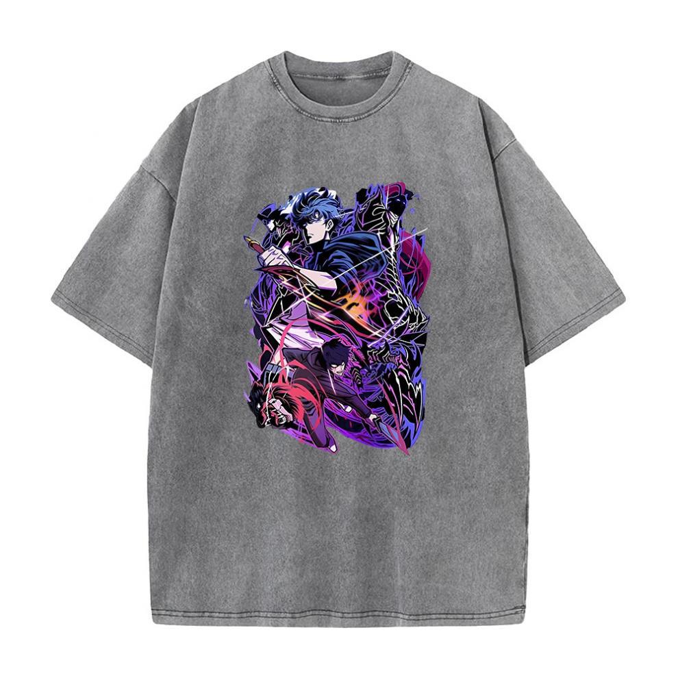 Anime Solo Leveling Printed T-Shirt Summer Cotton Washed Vintage Short Sleeve