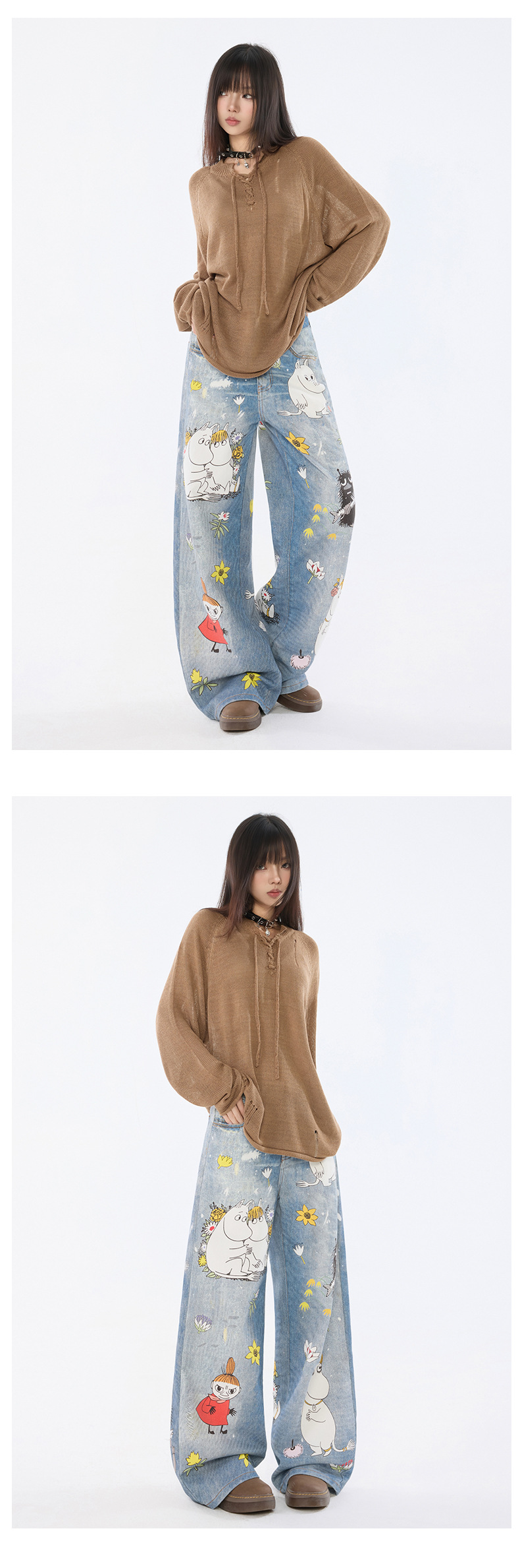 Women's Cartoon Wide-Leg Jeans Unique Design Loose Straight Pants