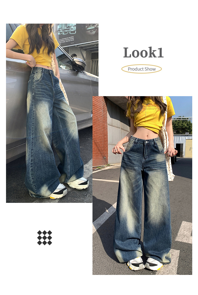 Women's Wide-Leg Jeans Low-Waist Loose Washed Straight Pants