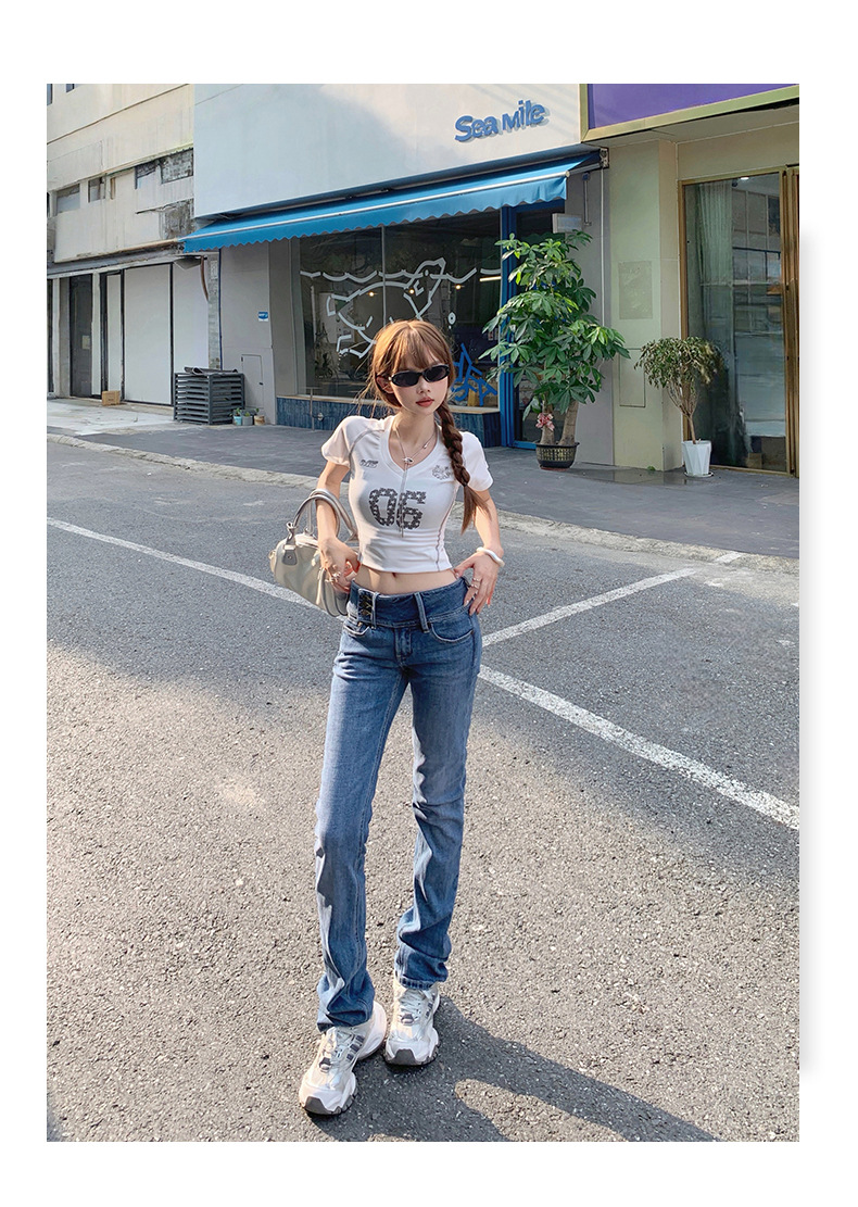 Women's Low Waist Flared Jeans Slim Fit Elastic Straight Leg Horseshoe Pants