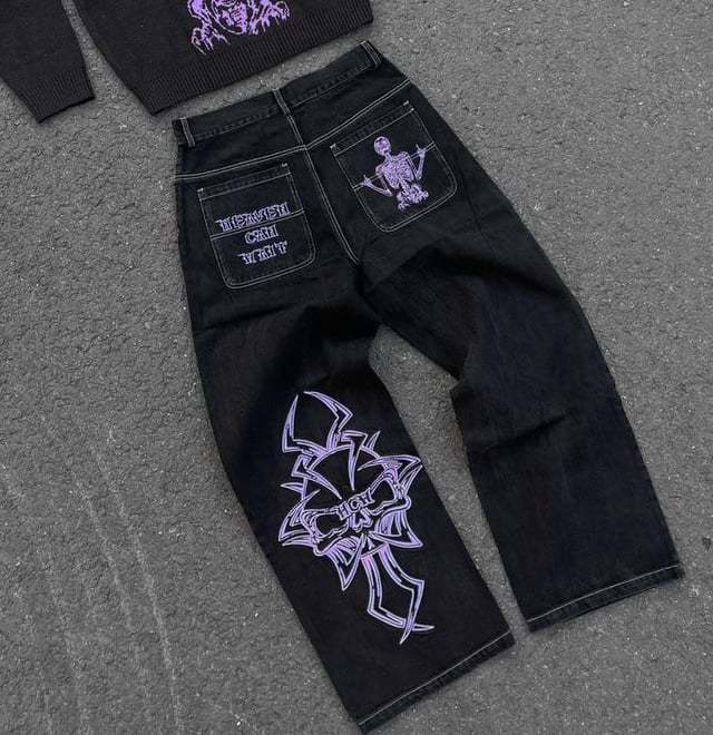 Retro hip-hop goth straight leg loose wide leg skeleton embroidered washed denim jeans for men