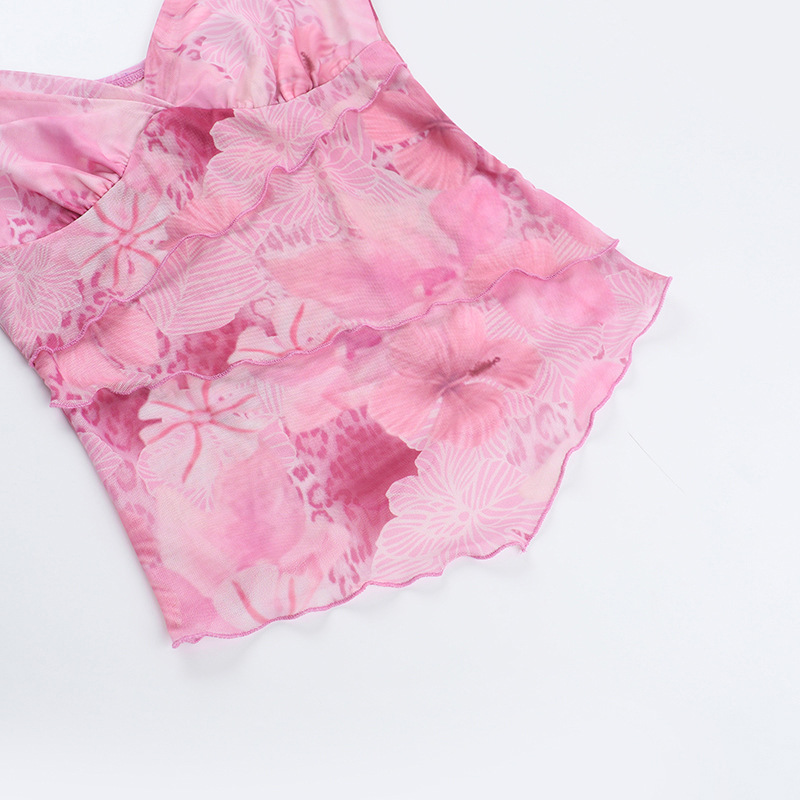 Patterned Chiffon Tank Scalloped Trim Belted Overlay