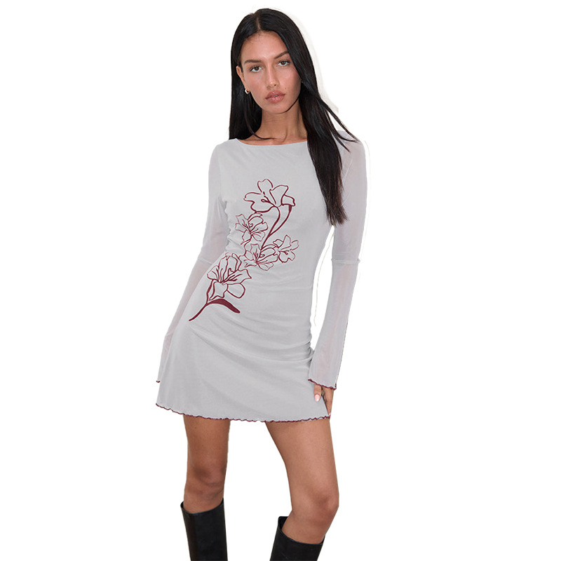 Crewneck Mid-Waist Polyester Patterned Full Sleeve Short Dress