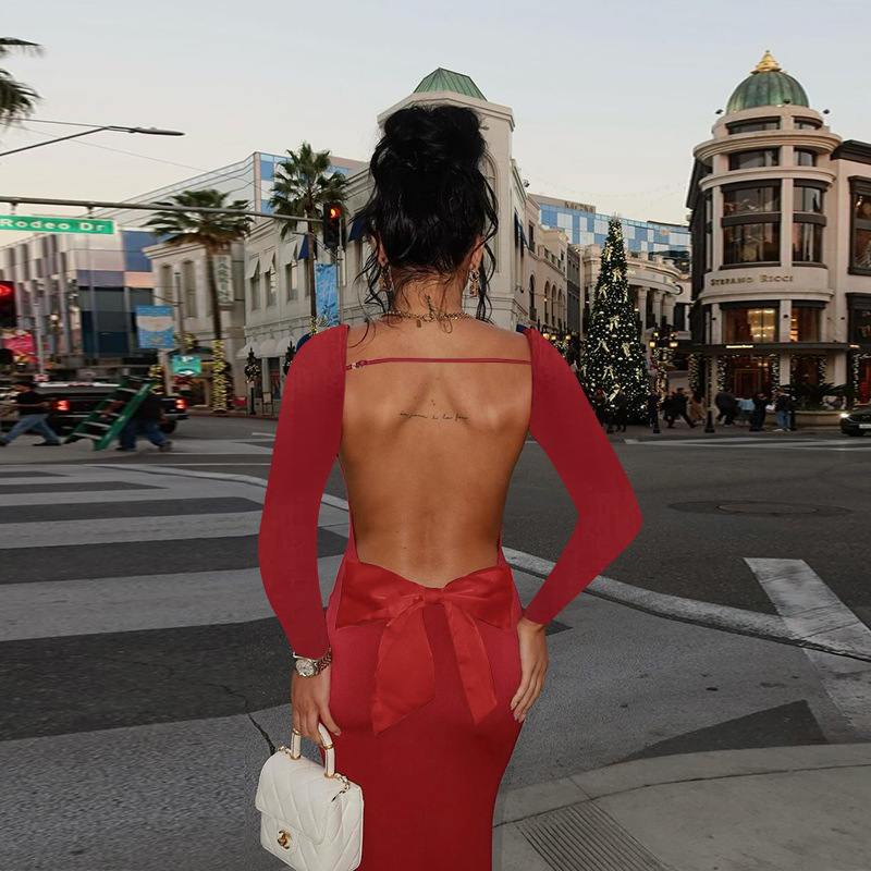 Full Sleeve V-Neck Bow Back Pencil Dress