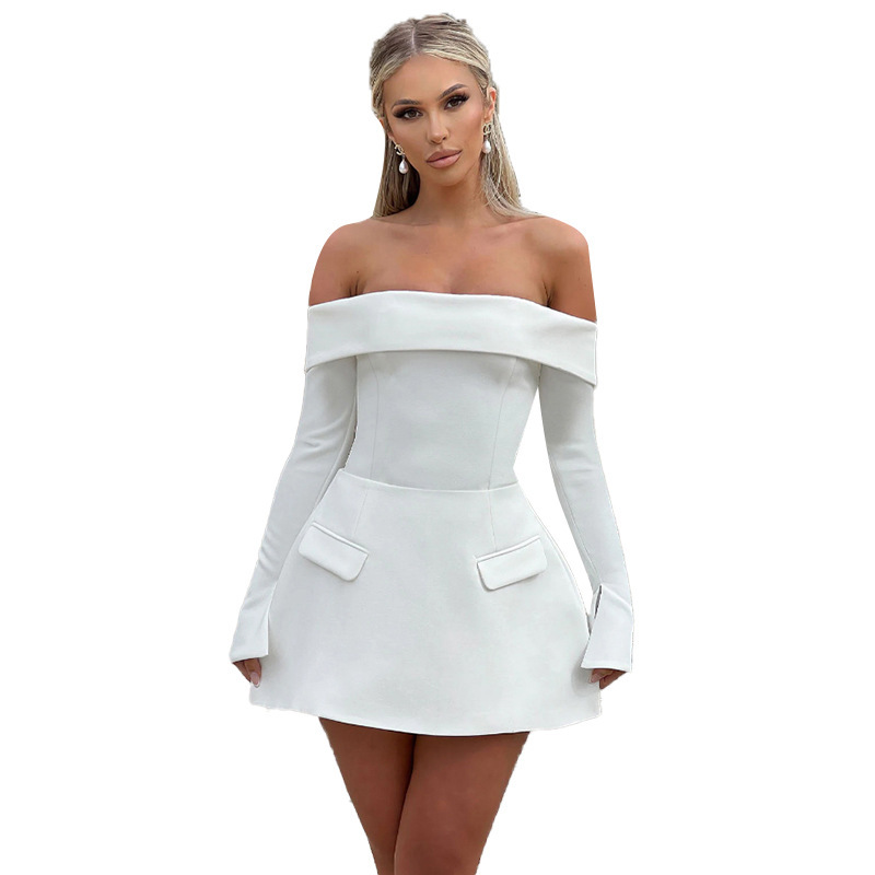 High Waist Single-Strap Long Sleeve Polyester Mini Dress