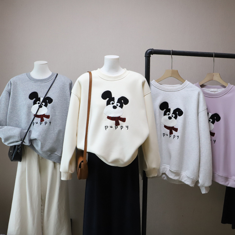 Casual Cartoon Embroidered Fleece Lined Thick Hoodie for Women Round Neck