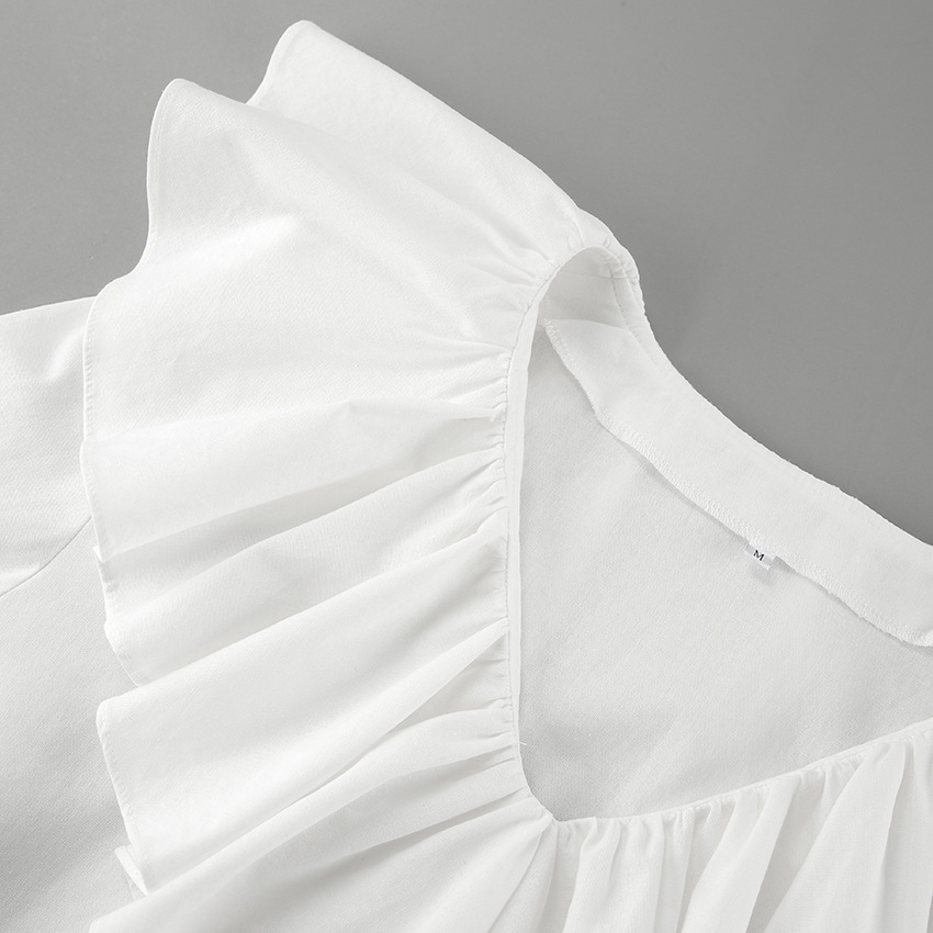 Slim Fit Cotton V-Neck Long Sleeve Frilled Blouse