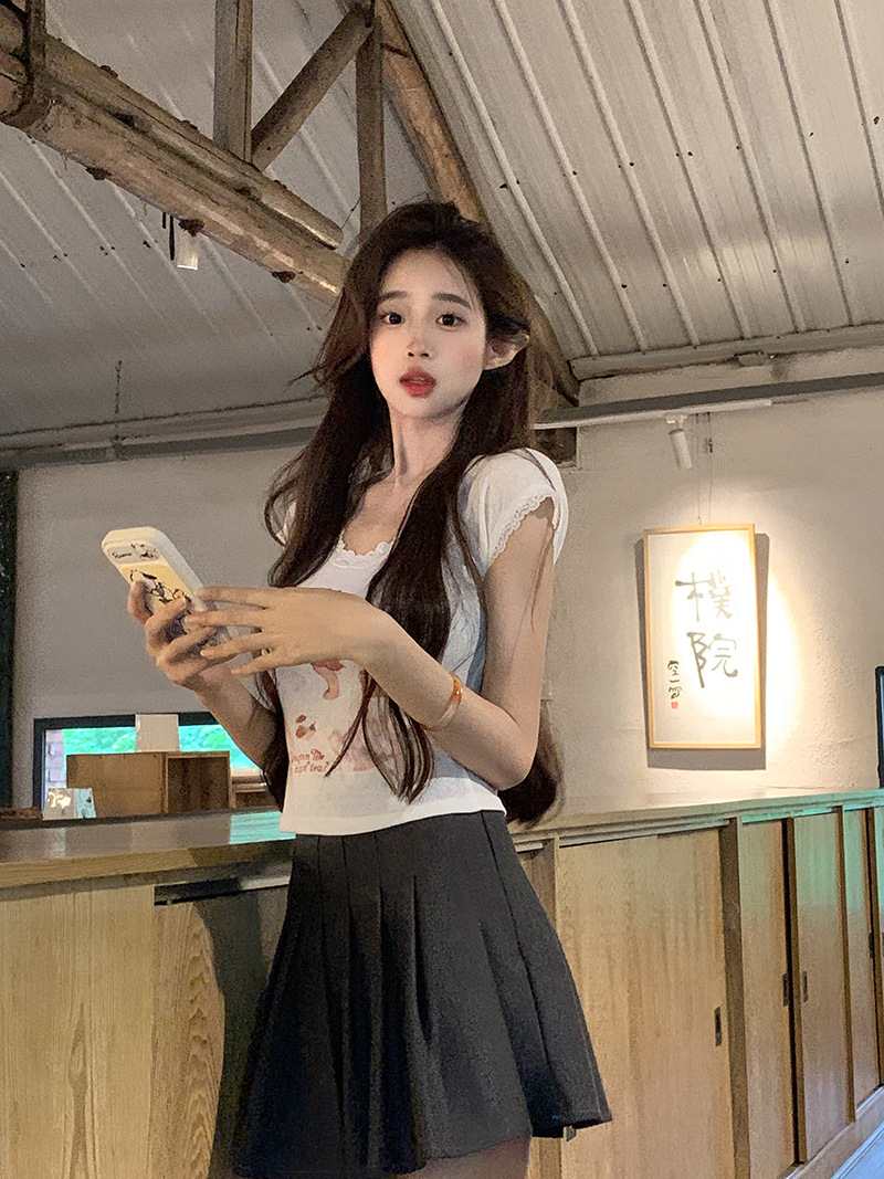 Lace lace slim fit short sleeved T-shirt