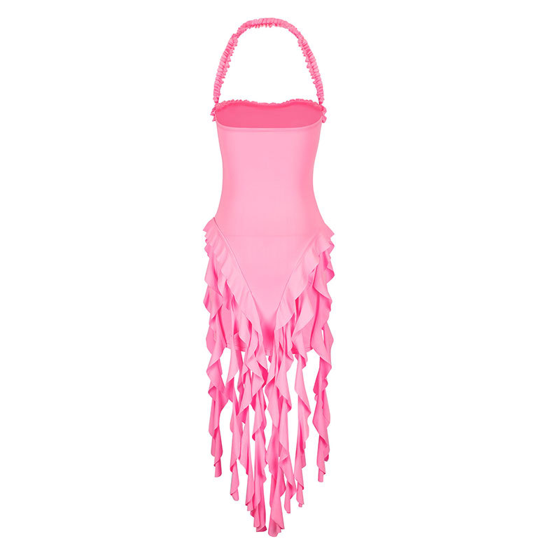 Tie-Neck Fringe Fitted Evening Dress